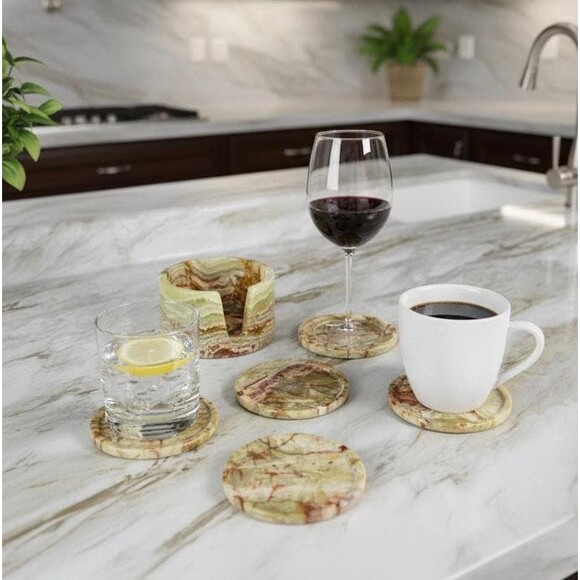Green Onyx Coaster Set - 6 Natural Stone Coasters + Holder, Handmade Marble set - Picture 6 of 10